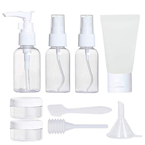 Jackify Botella de Viaje(9 Piezas), Botellas Transparentes Plásticas de Viaje, Anti-Fugas & Rellenable/Compresible Travel Bottles Set para Champú, Bálsamo, Crema de Baño, Loción