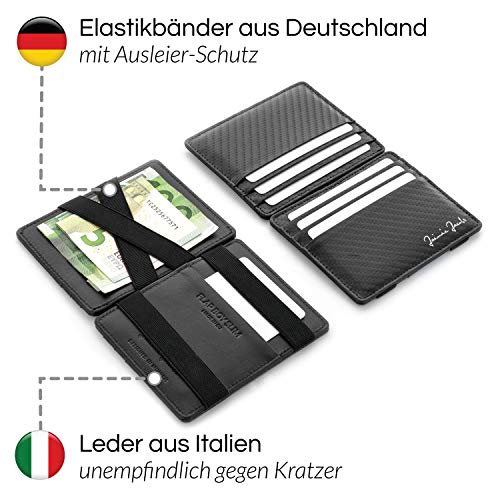 JAIMIE JACOBS ® Cartera Mágica Flap Boy Slim, el Original, Magic Wallet con Bloqueo RFID, Protege Tarjetas de Crédito, Tarjetero Hombre Slim, Cuero Auténtico (Carbon)