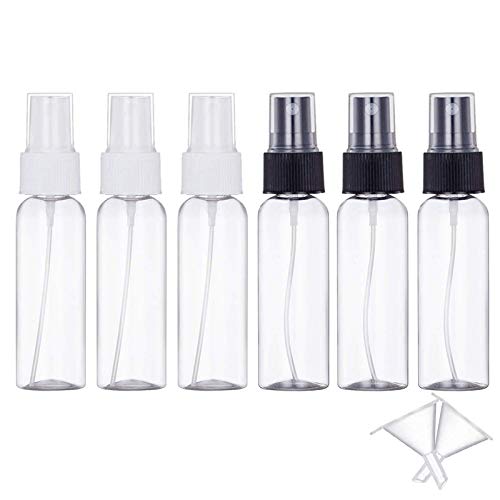 JamHooDirect - Juego de 6 pulverizadores vacíos de plástico de 30 ml con 2 embudos - Mini botellas de viaje reutilizables y recargables transparentes para maquillaje cosmético