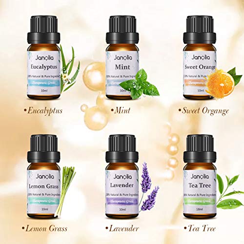 Janolia Set de Aceites Esenciales, 6 x 10 ML, Aceite Esencial de Aromaterapia Pura, Set de Regalo de Jardín Secreto: Eucalipto, Lavanda, Árbol de Té, Naranja Dulce, Menta, Hierba de Limón