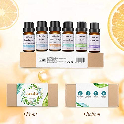 Janolia Set de Aceites Esenciales, 6 x 10 ML, Aceite Esencial de Aromaterapia Pura, Set de Regalo de Jardín Secreto: Eucalipto, Lavanda, Árbol de Té, Naranja Dulce, Menta, Hierba de Limón
