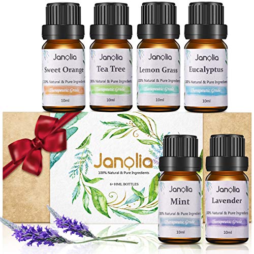 Janolia Set de Aceites Esenciales, 6 x 10 ML, Aceite Esencial de Aromaterapia Pura, Set de Regalo de Jardín Secreto: Eucalipto, Lavanda, Árbol de Té, Naranja Dulce, Menta, Hierba de Limón