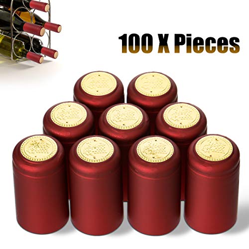 Janolia - Tapones para botellas de vino, termorretráctiles, color dorado, rojo y negro, 100 unidades, Corcho, Rojo