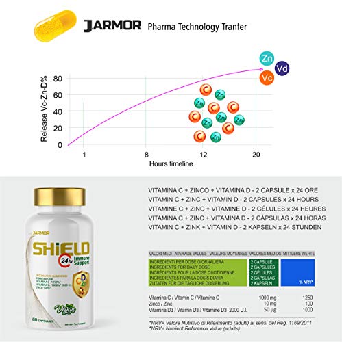 Jarmor VITAMINA C 1000mg Suplemento | VITAMINA D 2000 UI | ZINC 100% alta dosis 60cps Vegano