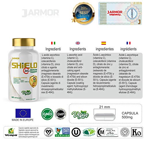 Jarmor VITAMINA C 1000mg Suplemento | VITAMINA D 2000 UI | ZINC 100% alta dosis 60cps Vegano