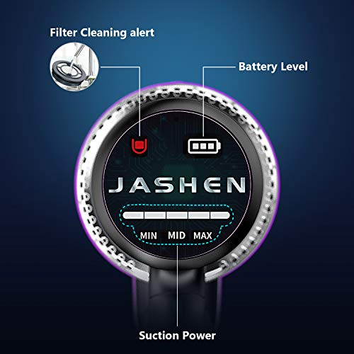 JASHEN Aspirador sin Cable, 350W Motor Digital Brushless 2500mAh Batería Extraíble de Ion-Litio 40 Minutos,LED Pantalla Inteligente, 3 Velocidades (púrpura V16)