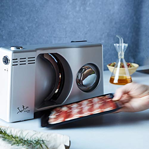 Jata CF301 Cortafiambres Compacta con Zona de Corte y Carro de Acero Inoxidable Desmontable de alta Precisión Base Plegable Bandeja Recogelonchas