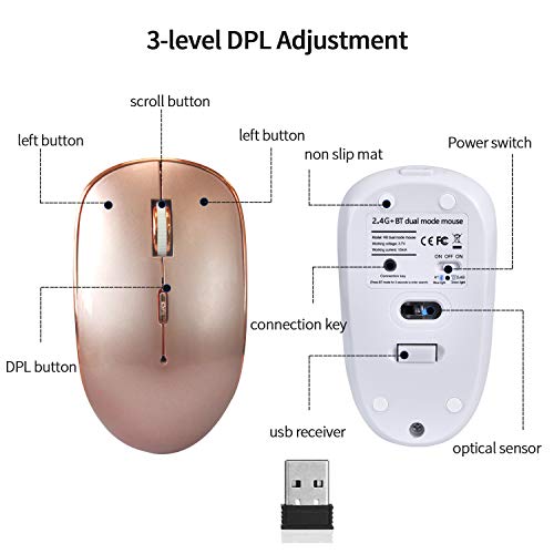 Jaybest Ratón Inalámbrico Bluetooth Recargable + 2.4G Dual Models Silencioso Portátil Mouse con 3 Niveles de dpi para Computadora Portátil, PC, Air,iMac, MacBook Pro/con Windows/Android. (Oro Rosa)