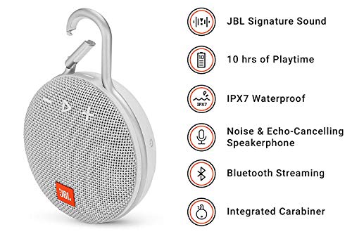 JBL Clip 3 Altavoz inalámbrico portátil con Bluetooth – Parlante resistente al agua (IPX7) – 10h de música continua – Blanco
