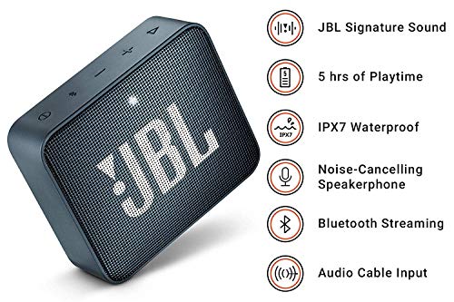JBL GO 2 - Altavoz inalámbrico portátil con Bluetooth, resistente al agua (IPX7), hasta 5h de reproducción con sonido de alta fidelidad, azul marino