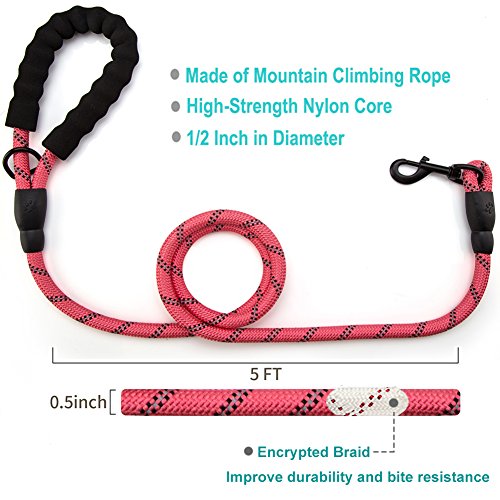 JBYAMUK 1,5 m Correa de Perro Fuerte con Mango Acolchado cómodo y roscas Altamente Reflectantes para Perros medianos y Grandes (Rosa)