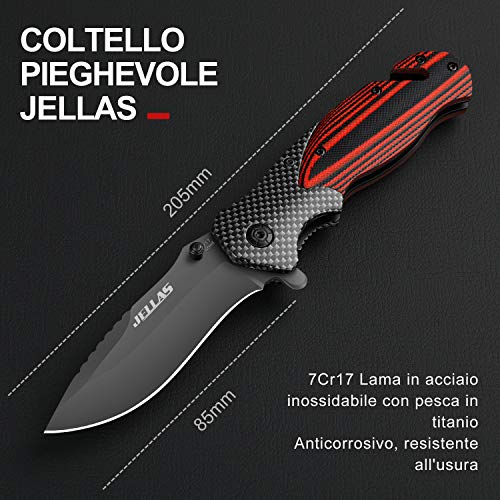 Jellas Cuchillo Plegable Supervivencia, Navaja Táctica con Punta Rompevidrio y Cutter Cinturón, 7Cr17 Acero Inoxidable con Hoja Recubierta de Titanio, Mango de Aluminio+G10, para Acampar, Picnic, Caza