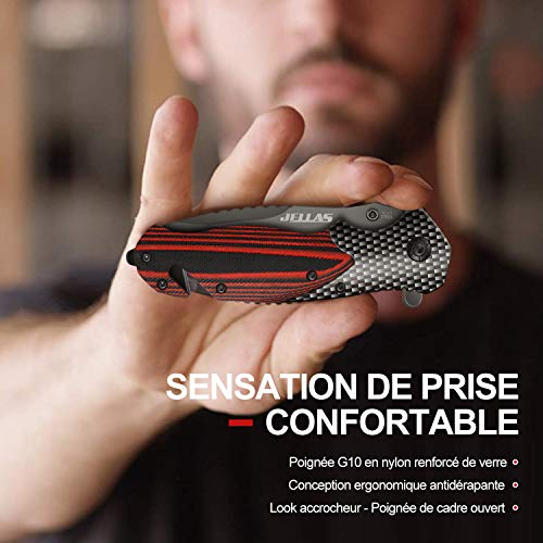 Jellas Cuchillo Plegable Supervivencia, Navaja Táctica con Punta Rompevidrio y Cutter Cinturón, 7Cr17 Acero Inoxidable con Hoja Recubierta de Titanio, Mango de Aluminio+G10, para Acampar, Picnic, Caza