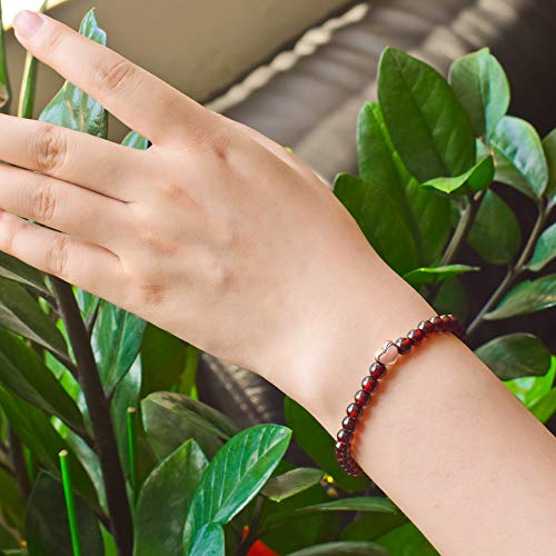 J.Endéar Pulsera de Piedras Preciosas Naturales Pulsera Elástica con Cuentas de Granate de 5 mm con Colgante de Plata 925 y Pulsera de Corazón