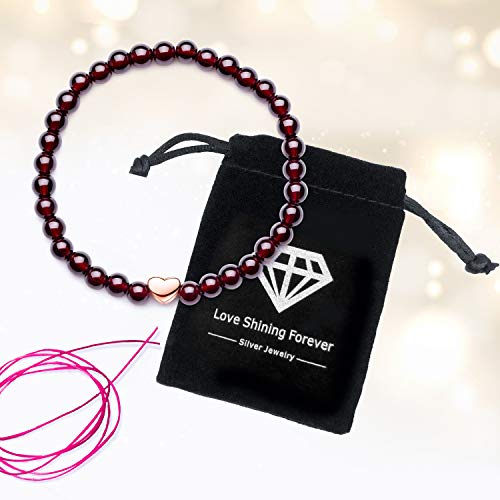 J.Endéar Pulsera de Piedras Preciosas Naturales Pulsera Elástica con Cuentas de Granate de 5 mm con Colgante de Plata 925 y Pulsera de Corazón