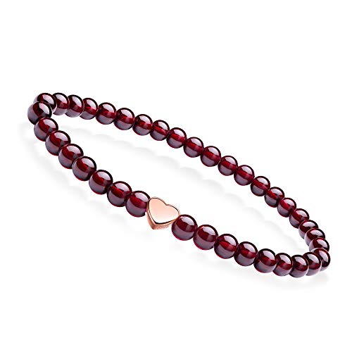 J.Endéar Pulsera de Piedras Preciosas Naturales Pulsera Elástica con Cuentas de Granate de 5 mm con Colgante de Plata 925 y Pulsera de Corazón