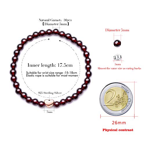 J.Endéar Pulsera de Piedras Preciosas Naturales Pulsera Elástica con Cuentas de Granate de 5 mm con Colgante de Plata 925 y Pulsera de Corazón