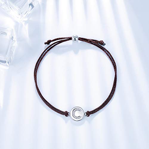 J.Endéar Pulsera Forma de Inicial C, Plata de Ley 925 Circonita Cúbica Pulseras Iniciales, Regalo de Amistad 24cm Trenzado Hecho a Mano Ajustable