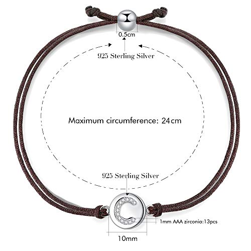 J.Endéar Pulsera Forma de Inicial C, Plata de Ley 925 Circonita Cúbica Pulseras Iniciales, Regalo de Amistad 24cm Trenzado Hecho a Mano Ajustable
