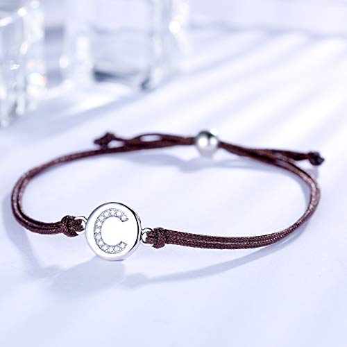 J.Endéar Pulsera Forma de Inicial C, Plata de Ley 925 Circonita Cúbica Pulseras Iniciales, Regalo de Amistad 24cm Trenzado Hecho a Mano Ajustable