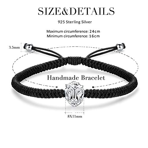 J.Endéar Pulsera Hombre con Encanto de León de Plata 925, Pulsera de Cuerda Trenzada Personalizada a Mano, Regalo para él, Ajustable de 24cm Negro