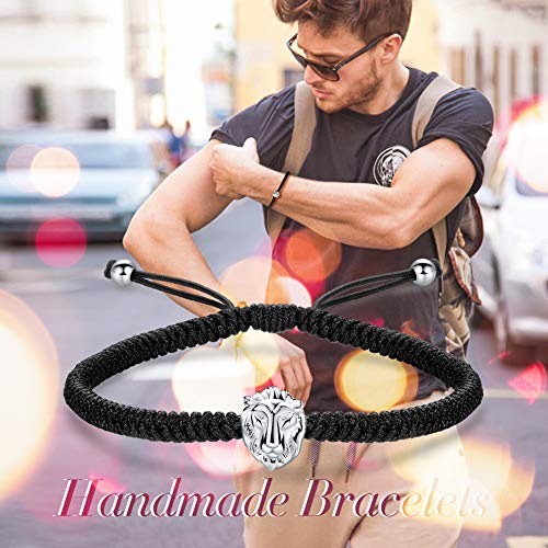 J.Endéar Pulsera Hombre con Encanto de León de Plata 925, Pulsera de Cuerda Trenzada Personalizada a Mano, Regalo para él, Ajustable de 24cm Negro