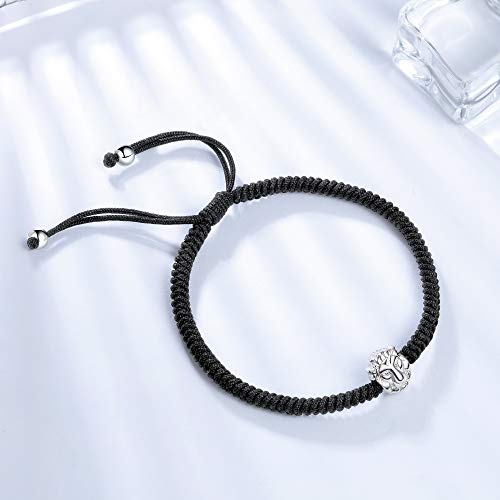 J.Endéar Pulsera Hombre con Encanto de León de Plata 925, Pulsera de Cuerda Trenzada Personalizada a Mano, Regalo para él, Ajustable de 24cm Negro