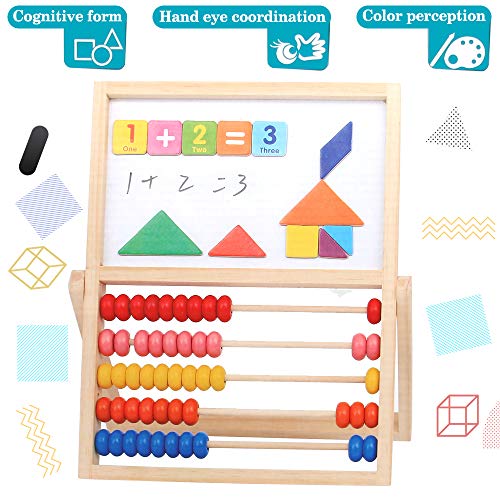 jerryvon Ábaco Infantil Montessori de Madera, Puzzle Infantil Magnético Tablero de Doble Cara con Numero y Tangram Multiuso Sketchpad Juguetes Educativos para Niños 3 4 5 6 Años