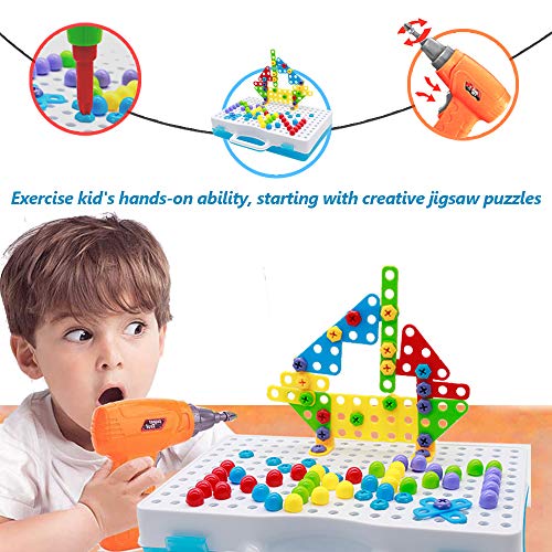 jerryvon Mosaico Puzzle con Rejilla y Taladro Eléctrico Juguete de Construcción Caja de Herramientas Juegos Creativos y Manualidades Regalos para Niños 3+