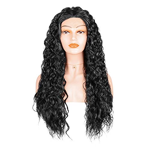 JessLab Peluca Rizado Lace Front Sintetico, 60 cm Aspecto Rizado Natural Resistente al Calor Extension del Pelo Peluca Ondulada y Rizada para Mujer - 1B Negro