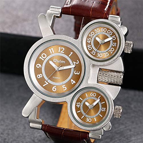 JewelryWe Grande Reloj Militar Deportivo 3 Zonas Horario Reloj de Pulsera Cuero, Reloj Cuarzo Frikis para Hombre, Reloj de Piloto Viajero de Estilo Retro Punk, Regalo Original 2 Piezas