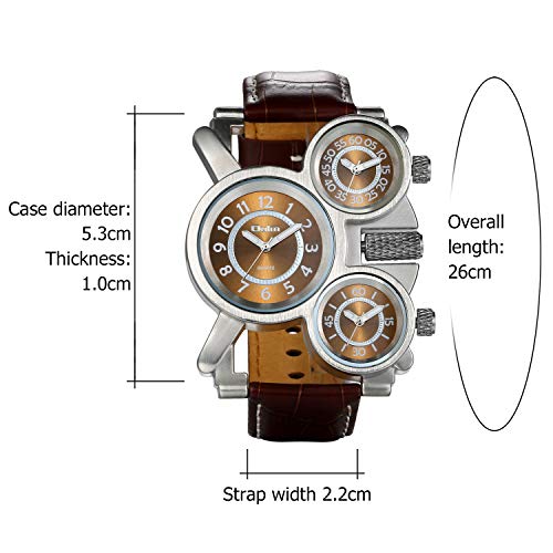 JewelryWe Grande Reloj Militar Deportivo 3 Zonas Horario Reloj de Pulsera Cuero, Reloj Cuarzo Frikis para Hombre, Reloj de Piloto Viajero de Estilo Retro Punk, Regalo Original 2 Piezas