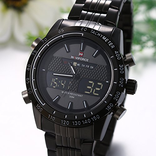 JewelryWe Reloj Negro para Hombre Reloj Dual Time 2 Zonas de Horarios, Correa de Acero Inoxidable Reloj Deportivo 3 ATM A Prueba de Agua, Original Reloj de Hombre