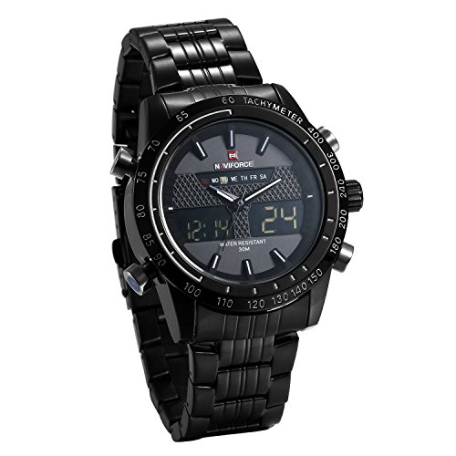 JewelryWe Reloj Negro para Hombre Reloj Dual Time 2 Zonas de Horarios, Correa de Acero Inoxidable Reloj Deportivo 3 ATM A Prueba de Agua, Original Reloj de Hombre