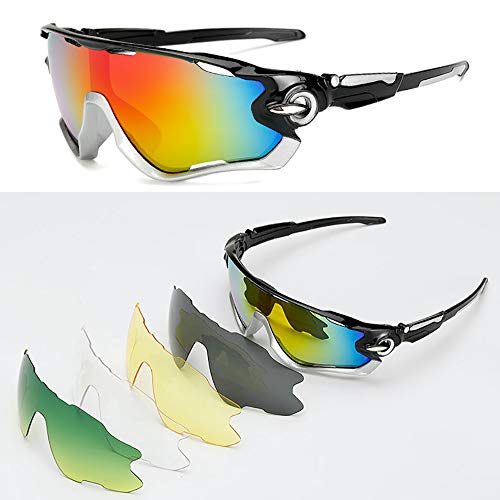 JFNX Gafas De Sol Deportivas Polarizadas, UV400 Gafas de Ciclismo con 5 Lentes Intercambiables para Ciclismo, béisbol, Pesca, esquí, Funcionamiento