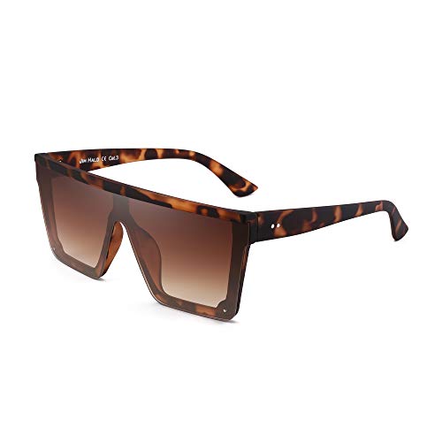 JIM HALO Gafas de sol con protección superior plana Gafas cuadradas sin montura de espejo para mujeres y hombres (Marco de leopardo mate/Lente marrón degradado)