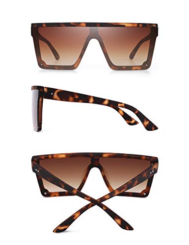 JIM HALO Gafas de sol con protección superior plana Gafas cuadradas sin montura de espejo para mujeres y hombres (Marco de leopardo mate/Lente marrón degradado)