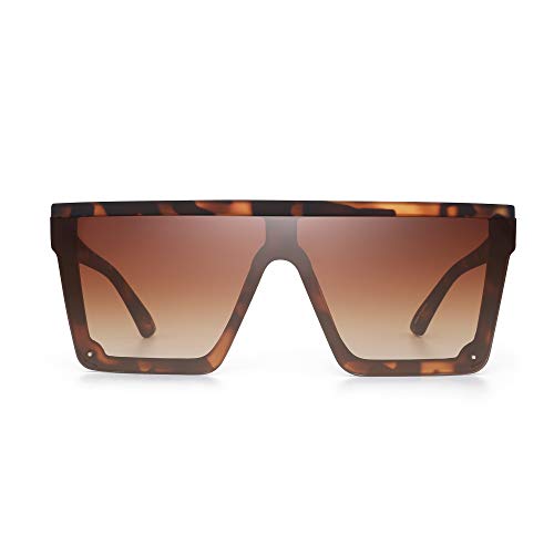 JIM HALO Gafas de sol con protección superior plana Gafas cuadradas sin montura de espejo para mujeres y hombres (Marco de leopardo mate/Lente marrón degradado)