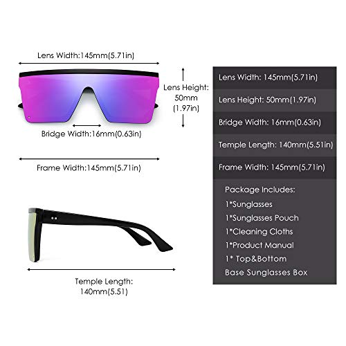 JIM HALO Plano Top Proteger Gafas de Sol Cuadradas Espejo Sin Marco Montura Anteojos Para Mujer Hombre(Marco Negro/Lente Púrpura Espejo)
