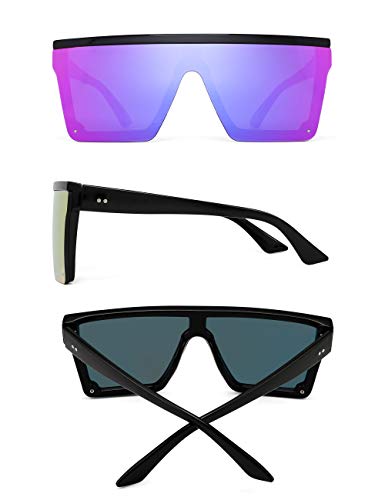 JIM HALO Plano Top Proteger Gafas de Sol Cuadradas Espejo Sin Marco Montura Anteojos Para Mujer Hombre(Marco Negro/Lente Púrpura Espejo)