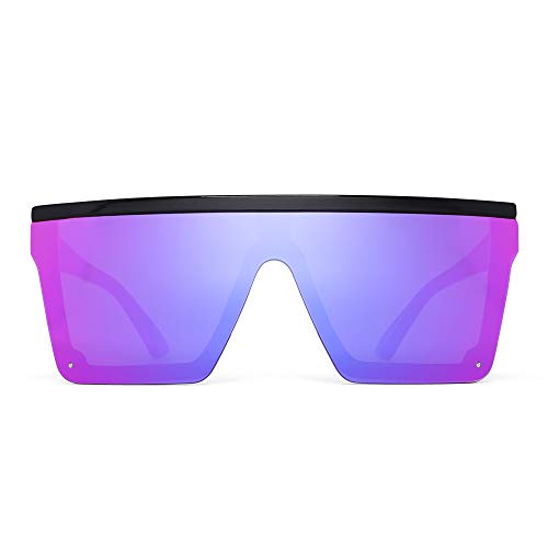 JIM HALO Plano Top Proteger Gafas de Sol Cuadradas Espejo Sin Marco Montura Anteojos Para Mujer Hombre(Marco Negro/Lente Púrpura Espejo)