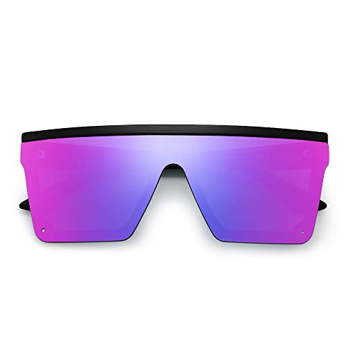 JIM HALO Plano Top Proteger Gafas de Sol Cuadradas Espejo Sin Marco Montura Anteojos Para Mujer Hombre(Marco Negro/Lente Púrpura Espejo)