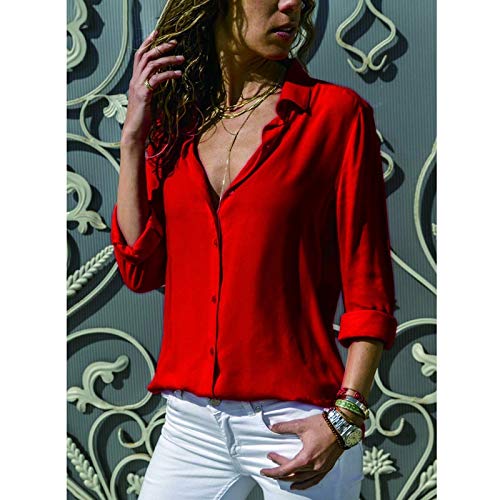 jiushixw Camisa de Mujer Camisa de Verano de Manga Larga Abotonada de Color Liso Cuello Abierto Blusa de Ropa Casual Blanco Verde Amarillo Rojo Azul