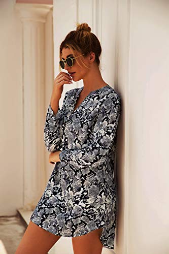 JLTPH Mujeres Vestidos con Cuello en V Camisa Vestido de Manga Larga Estampado de Leopardo de Serpiente Vestido Vestidos Cortos Sin Cinturón Camiseta Casual Tops Blusa