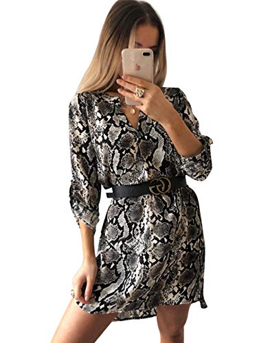 JLTPH Mujeres Vestidos con Cuello en V Camisa Vestido de Manga Larga Estampado de Leopardo de Serpiente Vestido Vestidos Cortos Sin Cinturón Camiseta Casual Tops Blusa