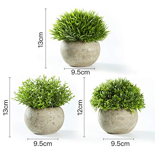 Jobary Set de 3 Plantas Artificiales con Césped Verde en Macetas Grises, Plantas Pequeñas Sintéticas de Plástico Decorativas, Ideales para la Decoración de la Casa, Cocinas, Oficinas y Exteriores