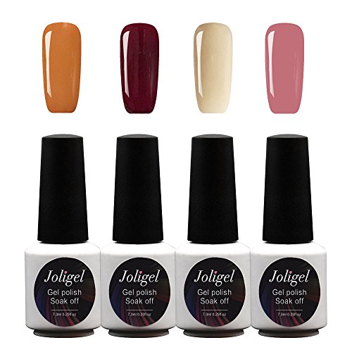 Joligel Kit 4x Esmaltes Semipermanentes Shellac para Uñas de Gel Set Pintauñas Permanentes Manicura UV LED Nail Art Multicolor (7,3ml), Caramelo Toffee / Rosa Chica / Beige Desnudo / Rojo Baya