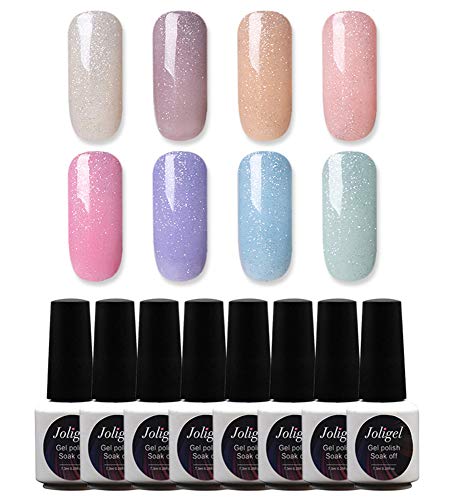 Joligel Set 8 Esmaltes Semipermanentes en Gel UV LED Colores Pasteles con Brillo Fino Nuevas Llegadas para Manicura Nail Art de Primavera Verano, 8 Tonos desde Nude hasta Rosa