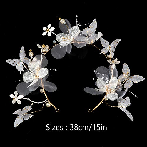 Jolintek Diademas de Novia para Diadema de Flores Corona Mariposa Tul Flores Guirnaldas Corona Novia Tiara Mariposa Punto Dorado Tul Perla Flores Pelo Banda Pelo Guirnalda Flores Tocado Boda