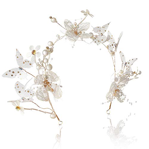 Jolintek Diademas de Novia para Diadema de Flores Corona Mariposa Tul Flores Guirnaldas Corona Novia Tiara Mariposa Punto Dorado Tul Perla Flores Pelo Banda Pelo Guirnalda Flores Tocado Boda